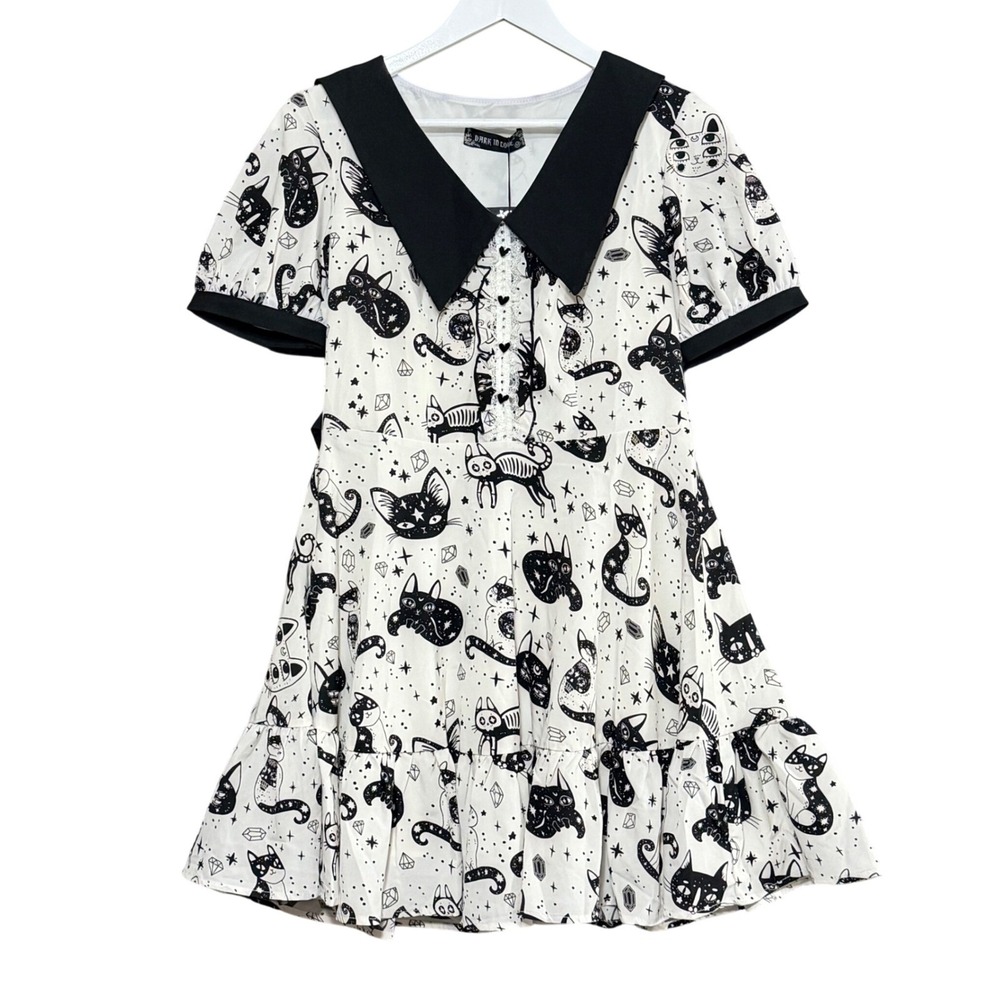 Dark In Love Womens Punk Cat Mini Dress Sz M Black White Whimsy Goth Kawaii NWT